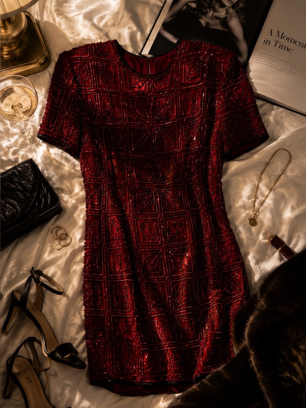 BEADED DRAMA Vintage Short Red Silk Beaded Dress